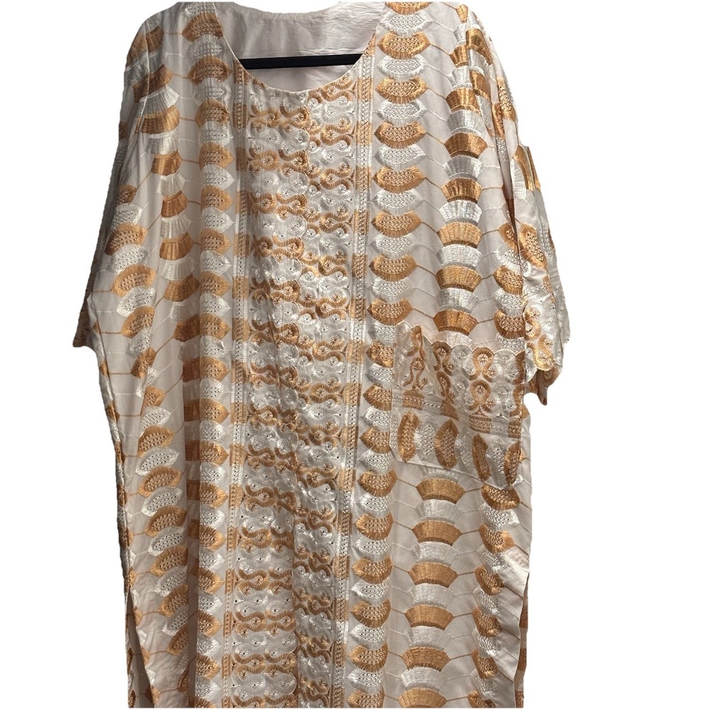 Neutral Embroidered Kaftan Afghan Mumu Dress‎ 2XL Chore Pocket Boho Peasant